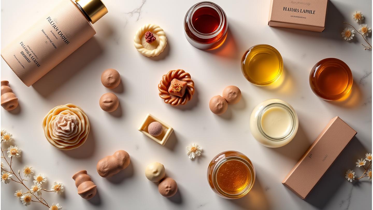 Assortiment de produits gourmands Plume & Papille avec un packaging de luxe, mis en scène élégamment