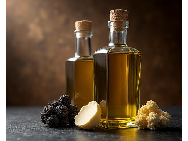 Bouteilles d'huile d'olive infusée à la truffe noire et blanche, avec des morceaux de truffe