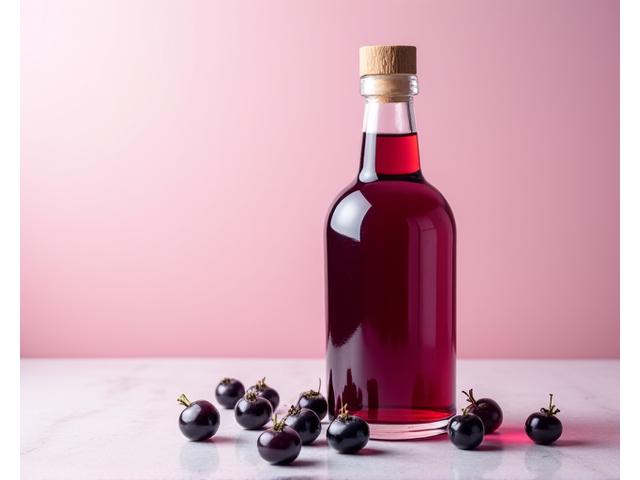 Bouteille élégante de vinaigre de cassis artisanal, avec des baies de cassis