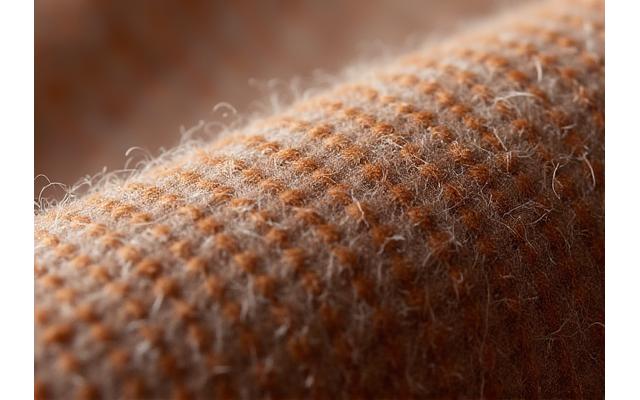 Tissu de laine recyclée, avec des fibres claires et foncées entremêlées.