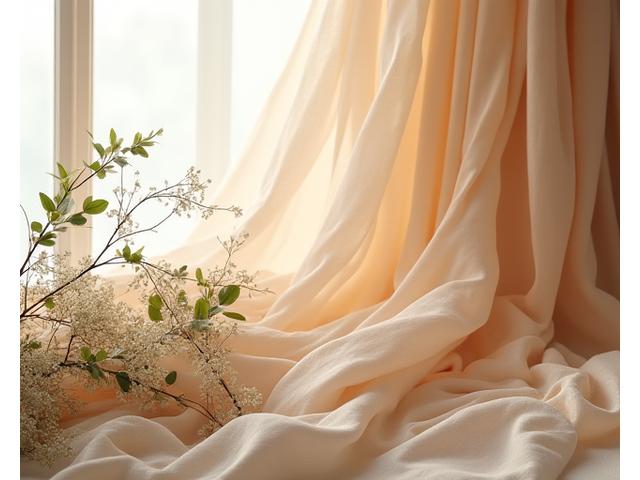 Mélange harmonieux de tissus biologiques drapés avec des feuilles vertes, symbolisant l'alliance de la mode de luxe et de la nature.