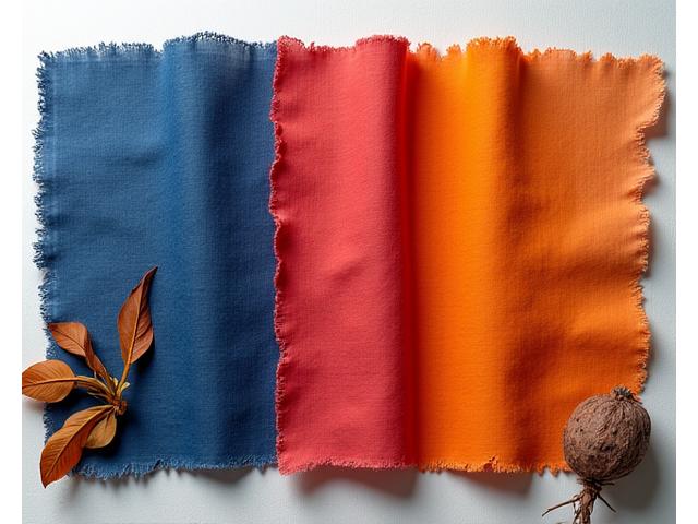 Échantillons de tissus teints avec des pigments végétaux vifs, disposés artistiquement pour montrer la richesse des couleurs naturelles.